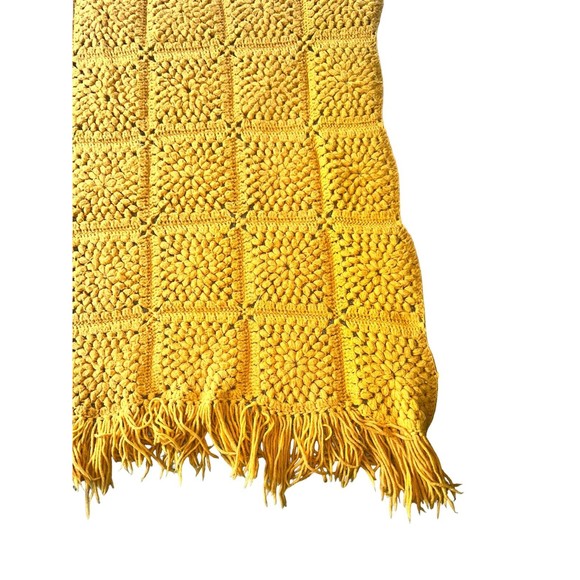 Mustard Crocheted Afghan Granny Square Fringe Retro Throw Blanket 69x46 Handmade - Picture 4 of 14